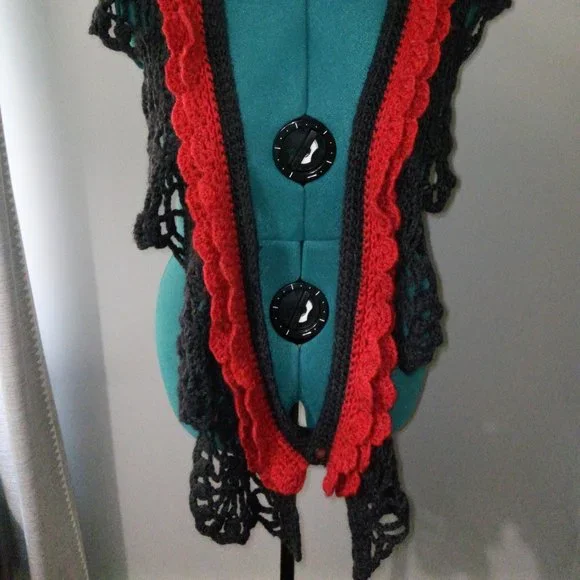 Crochet Multi-Wear Scarf/Wrap/Vest/Accessory in Heathered Red & Gray NEW - Picture 3 of 10